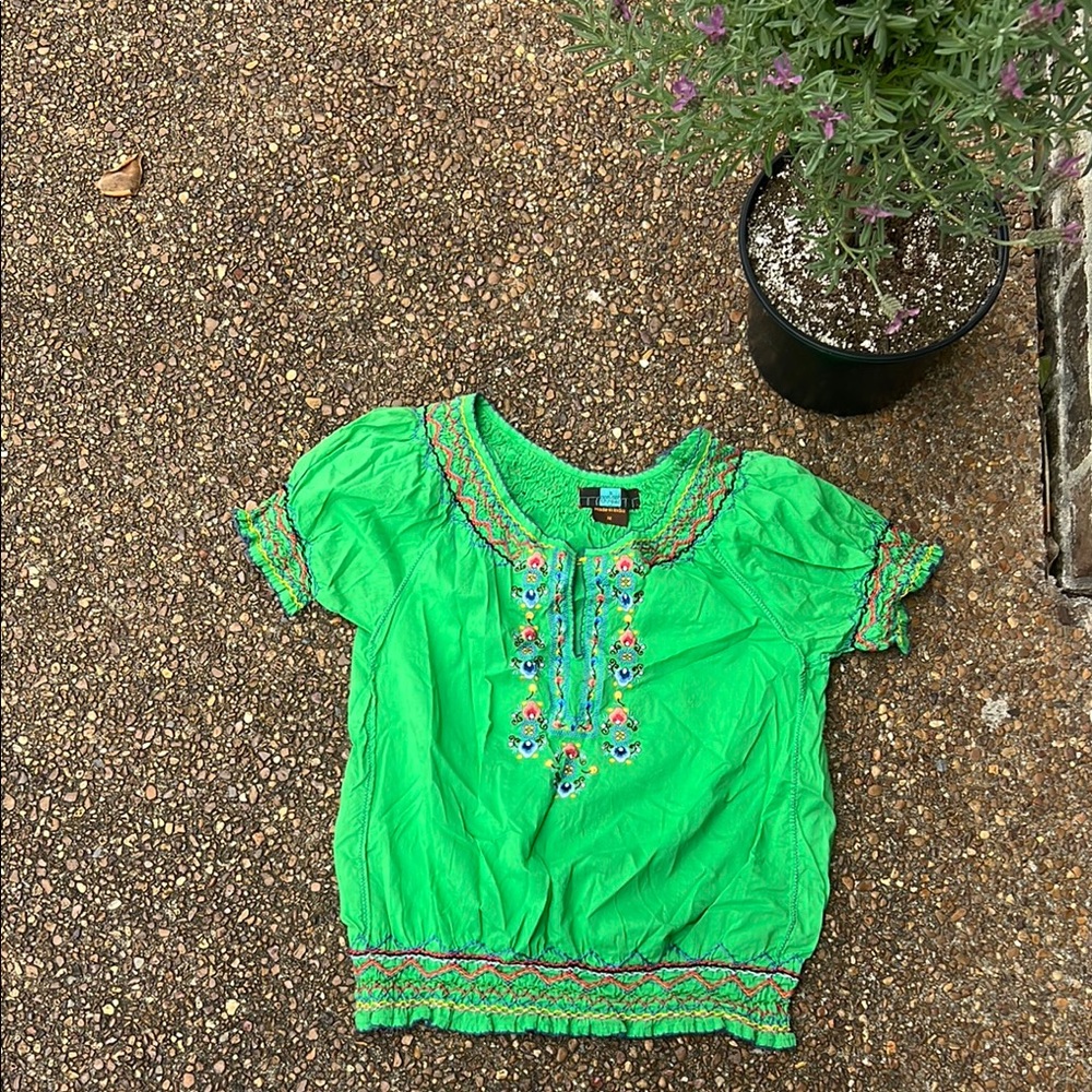 a common thread ~ 
Vibrant Green Embroidered Blouse
Made in India